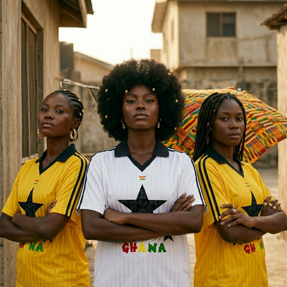 Three women wearing Ghanaian football jerseys standing in an urban setting.