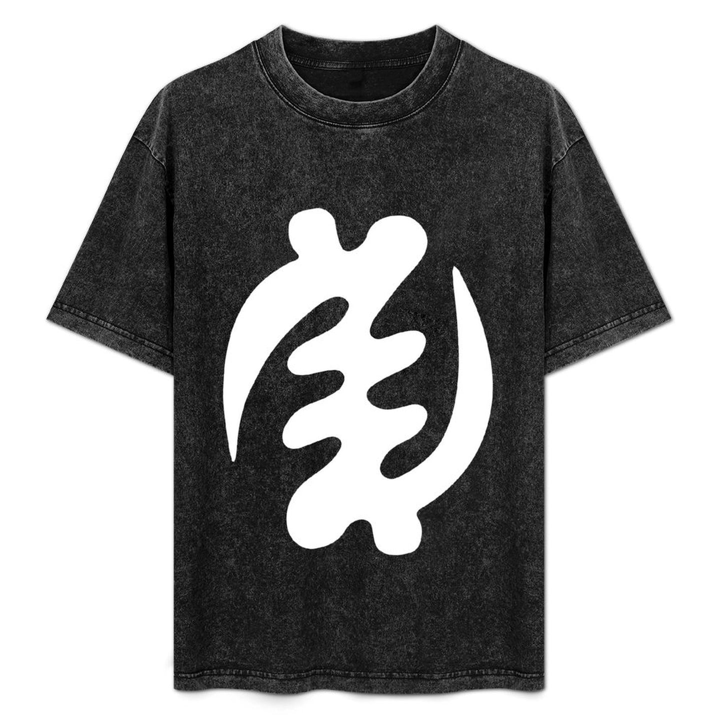 Black t-shirt with a white Adinkra design on a white background