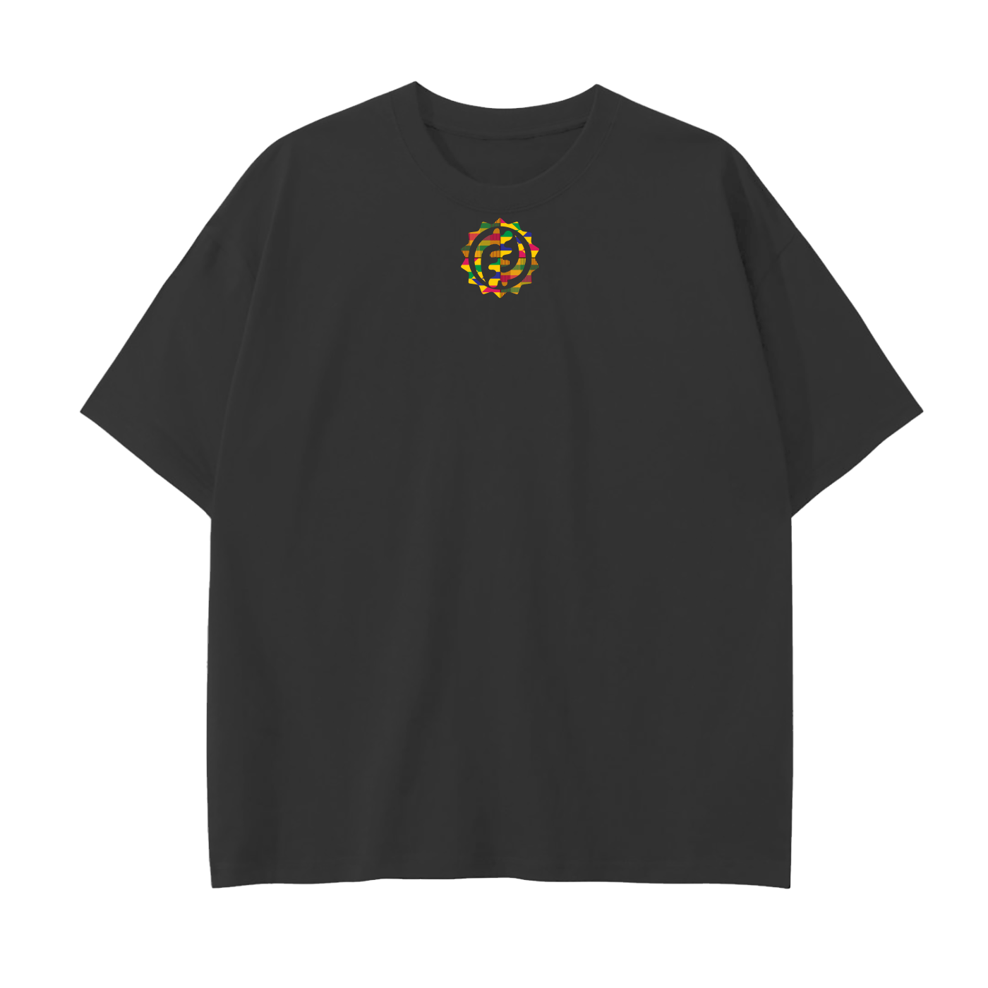 Black t-shirt with a colorful logo on the chest against a white background
