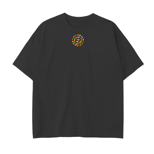 Black t-shirt with a colorful logo on the chest against a white background