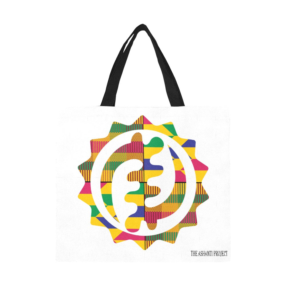 Colorful geometric patterned bag with a black strap on a white background