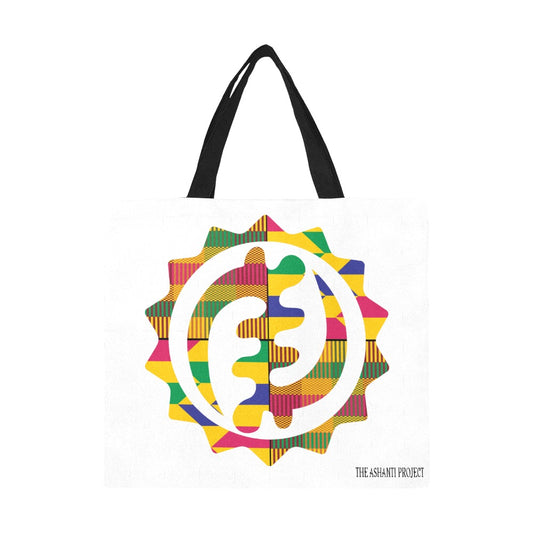 Colorful geometric patterned bag with a black strap on a white background