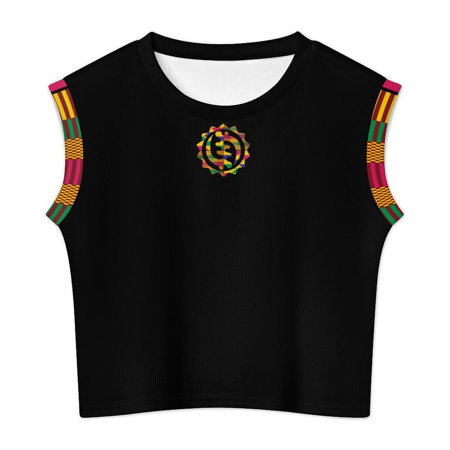 Black sleeveless top with colorful shoulder pads and a central design on a white background