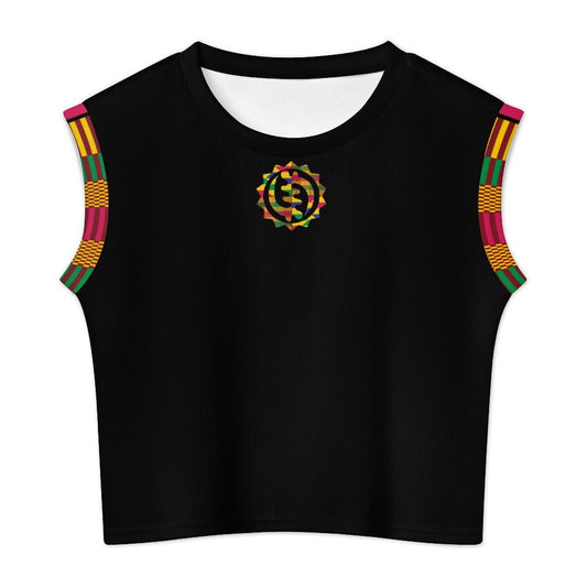 Black sleeveless top with colorful shoulder pads and a central design on a white background
