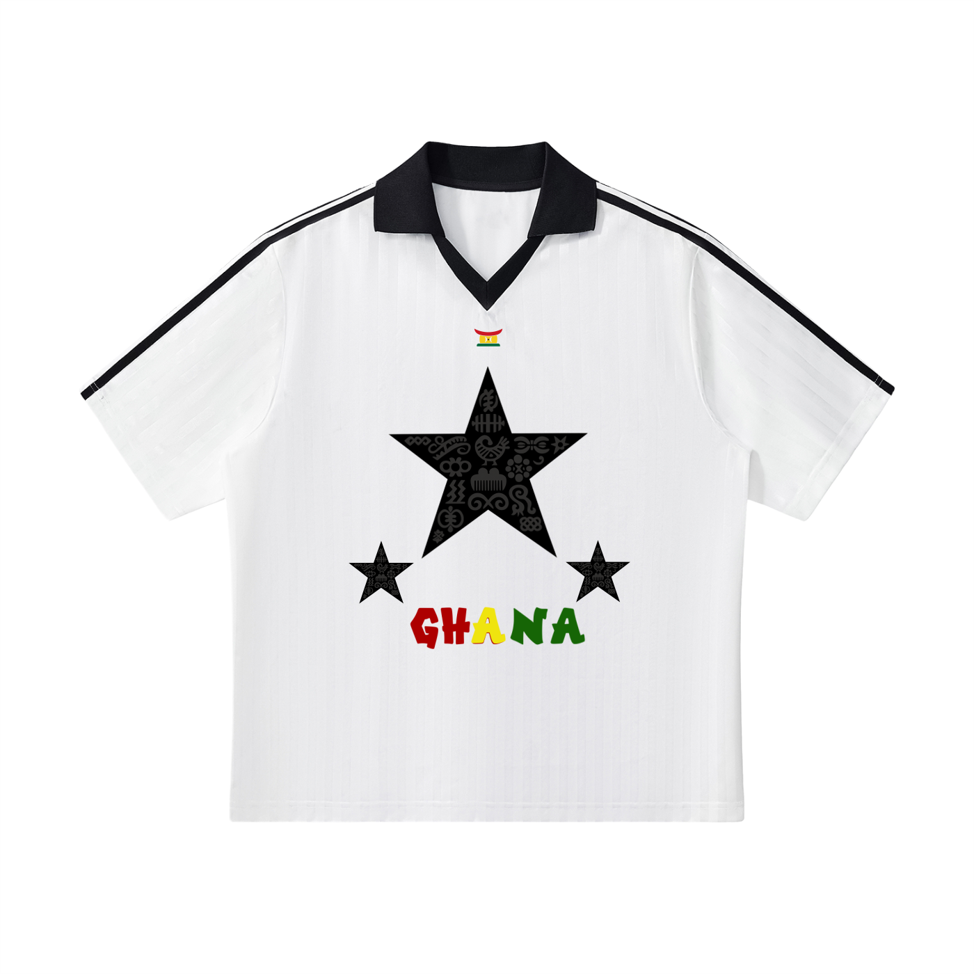 White sports jersey with black star and 'Ghana' text on a white background